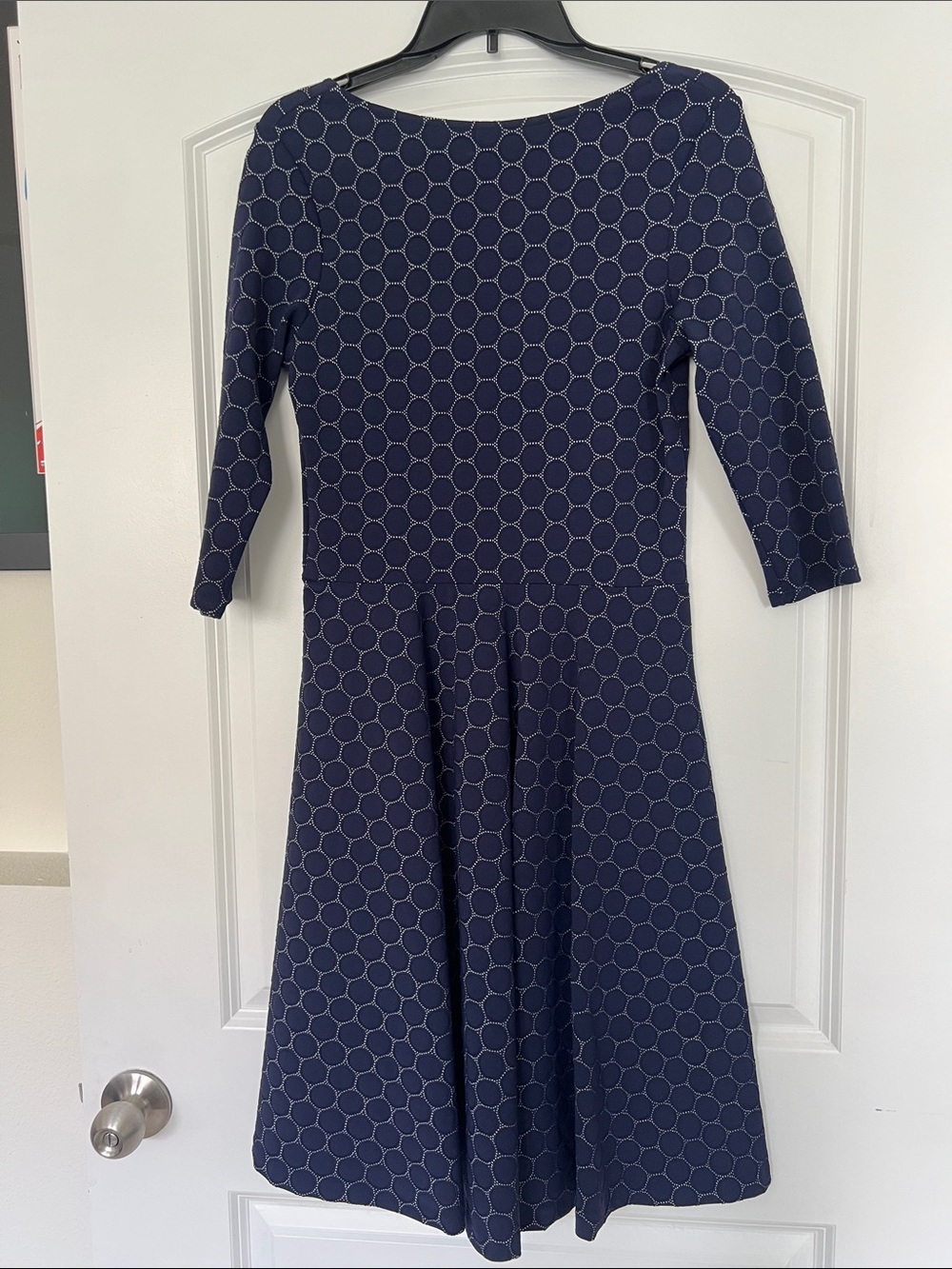 Leota Navy and White Circle-Print Long Sleeve Fit-and-Flare Dress
